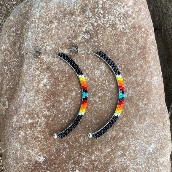 Black with Native Colors Bead Half Hoops, New, Handmade By Me - Picture 10 of 11
